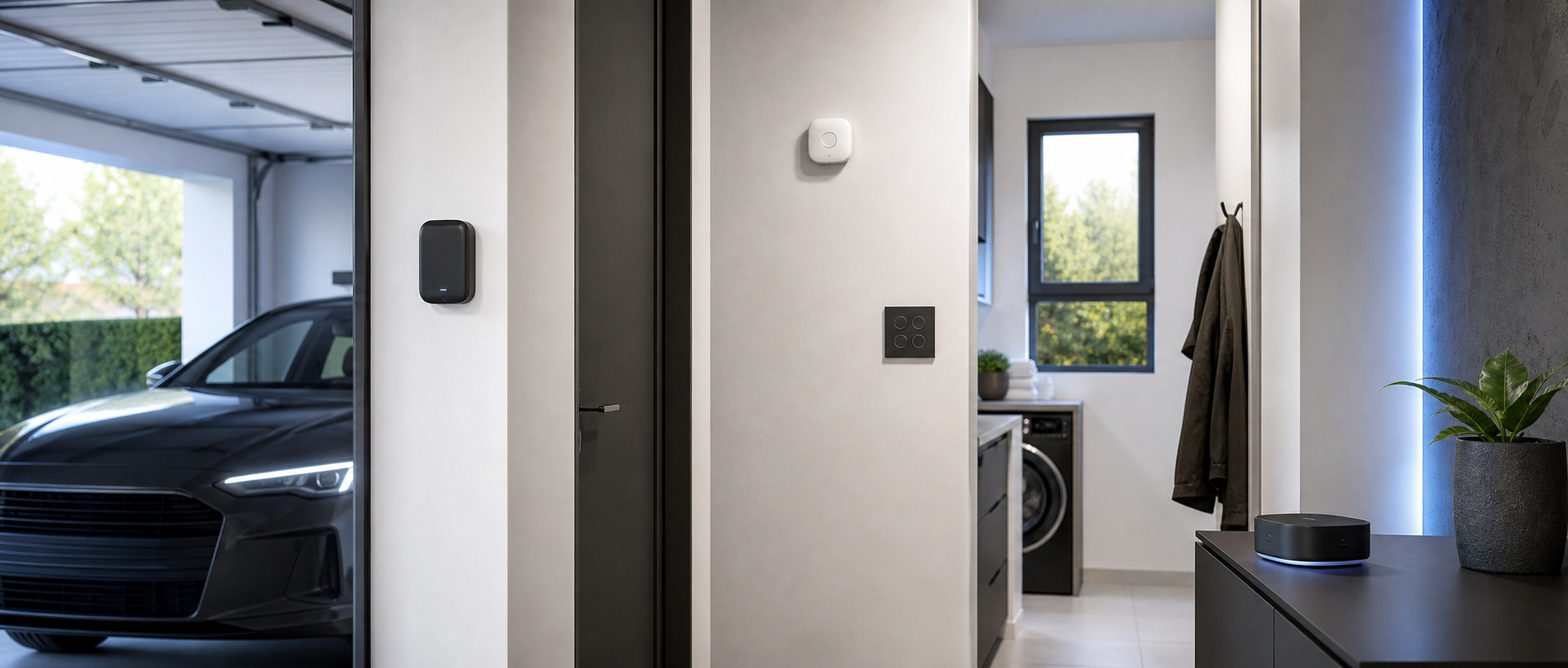 Automatisations maison NéoDom — garage, capteurs et scénarios connectés dans un intérieur moderne