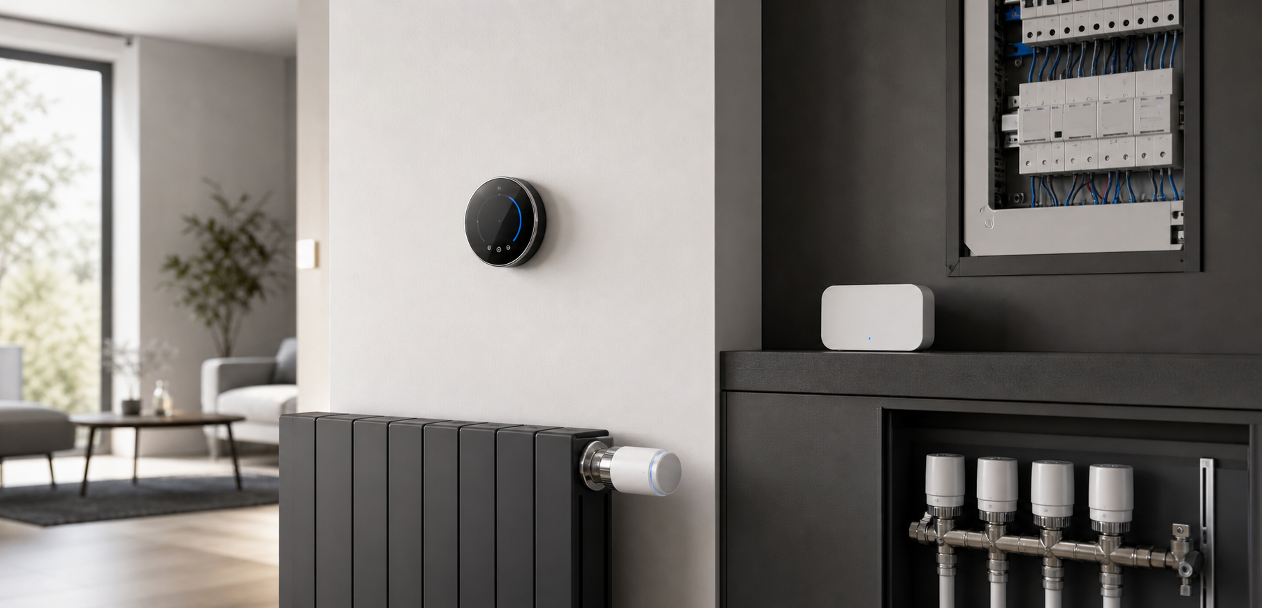 Chauffage et contrôle Pro NéoDom — thermostat, vannes et hub dans une installation résidentielle