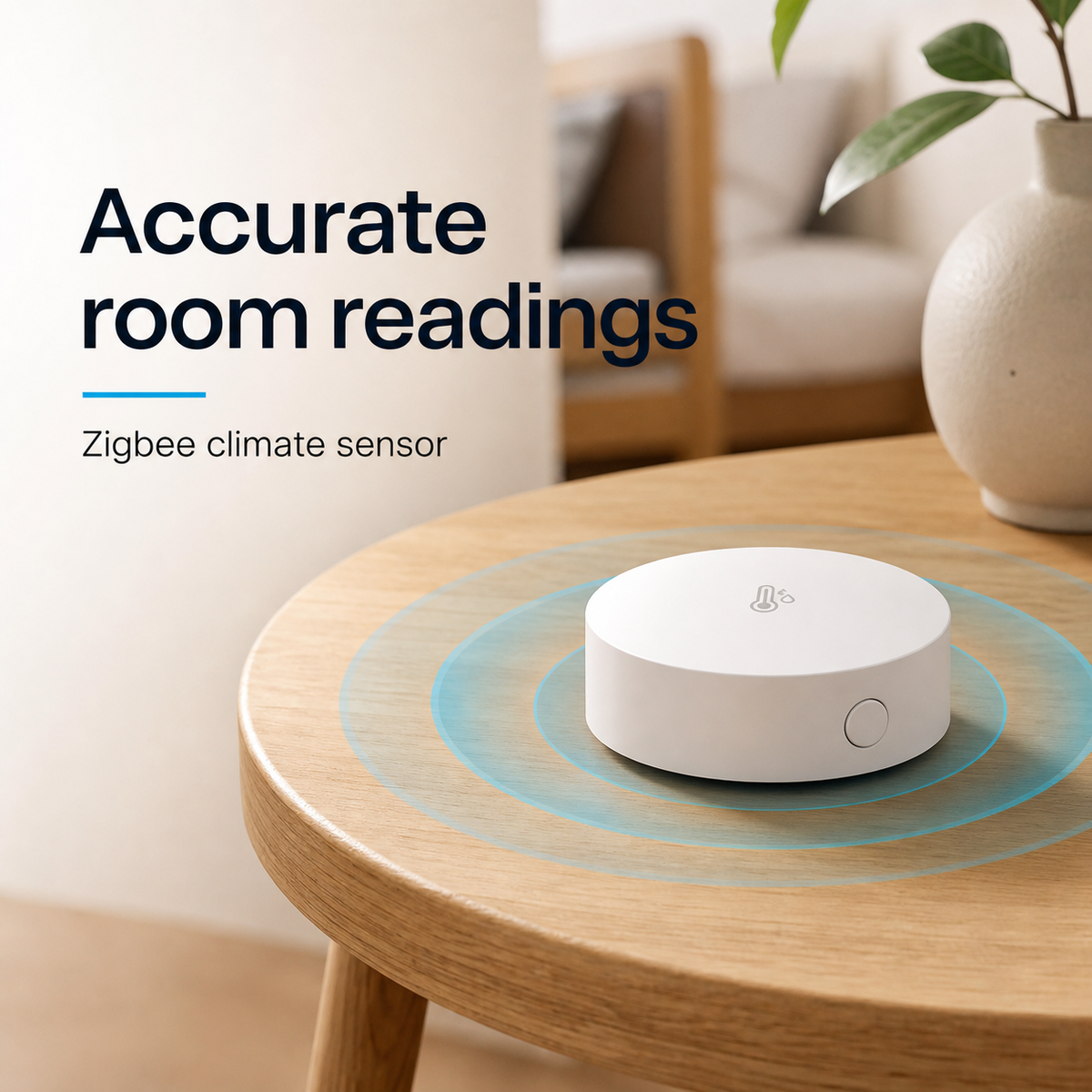 NéoClimate Mini Pro Zigbee temperature and humidity sensor on a wooden table