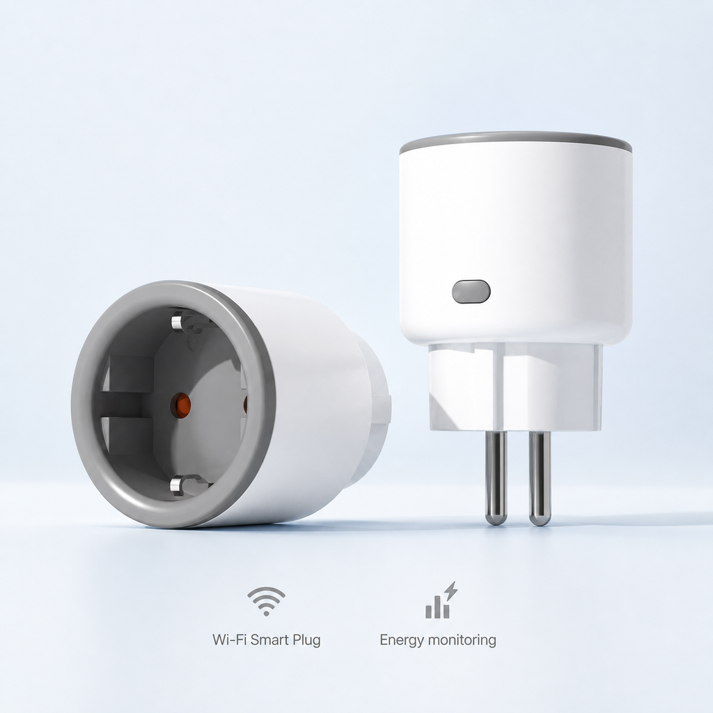 Studio packshot of white Type F Wi-Fi smart plug with energy monitoring