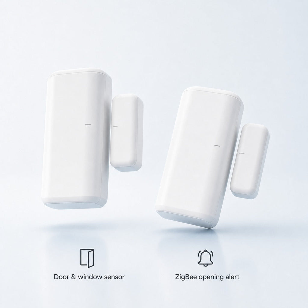 Studio packshot of white ZigBee door and window opening sensor with magnet