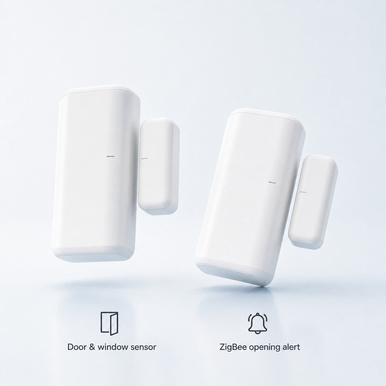 Studio packshot of white ZigBee door and window opening sensor with magnet