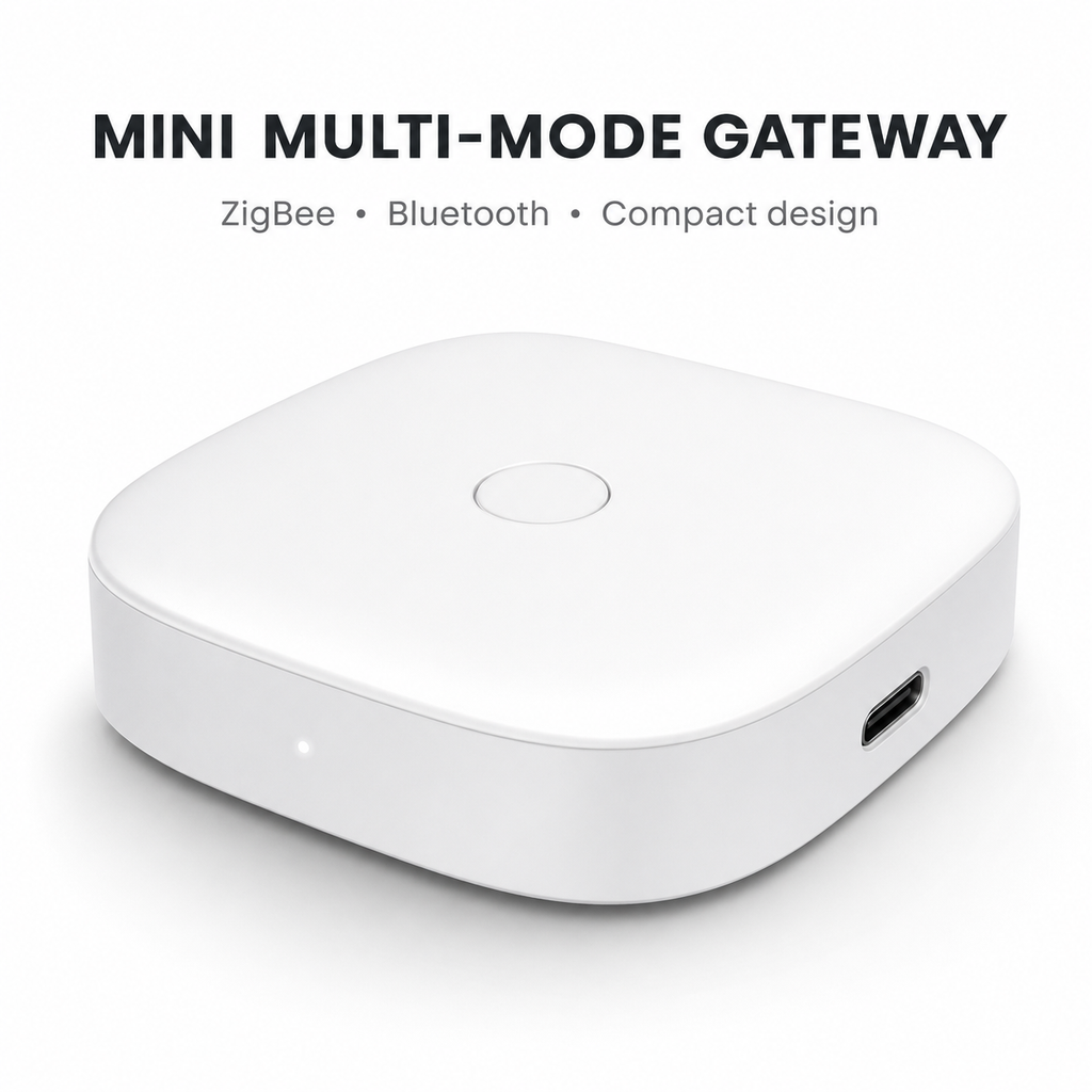 Passerelle mini blanche ZigBee et Bluetooth sur fond studio.