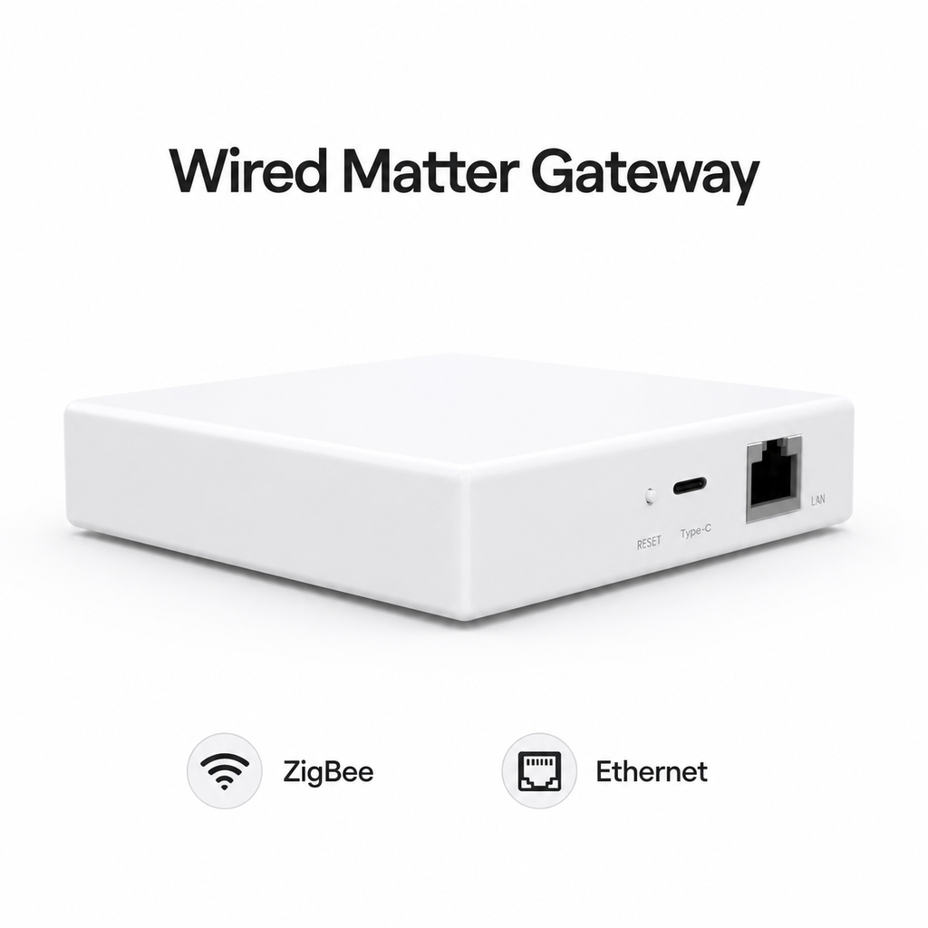 Passerelle filaire blanche Matter et ZigBee avec port Ethernet.
