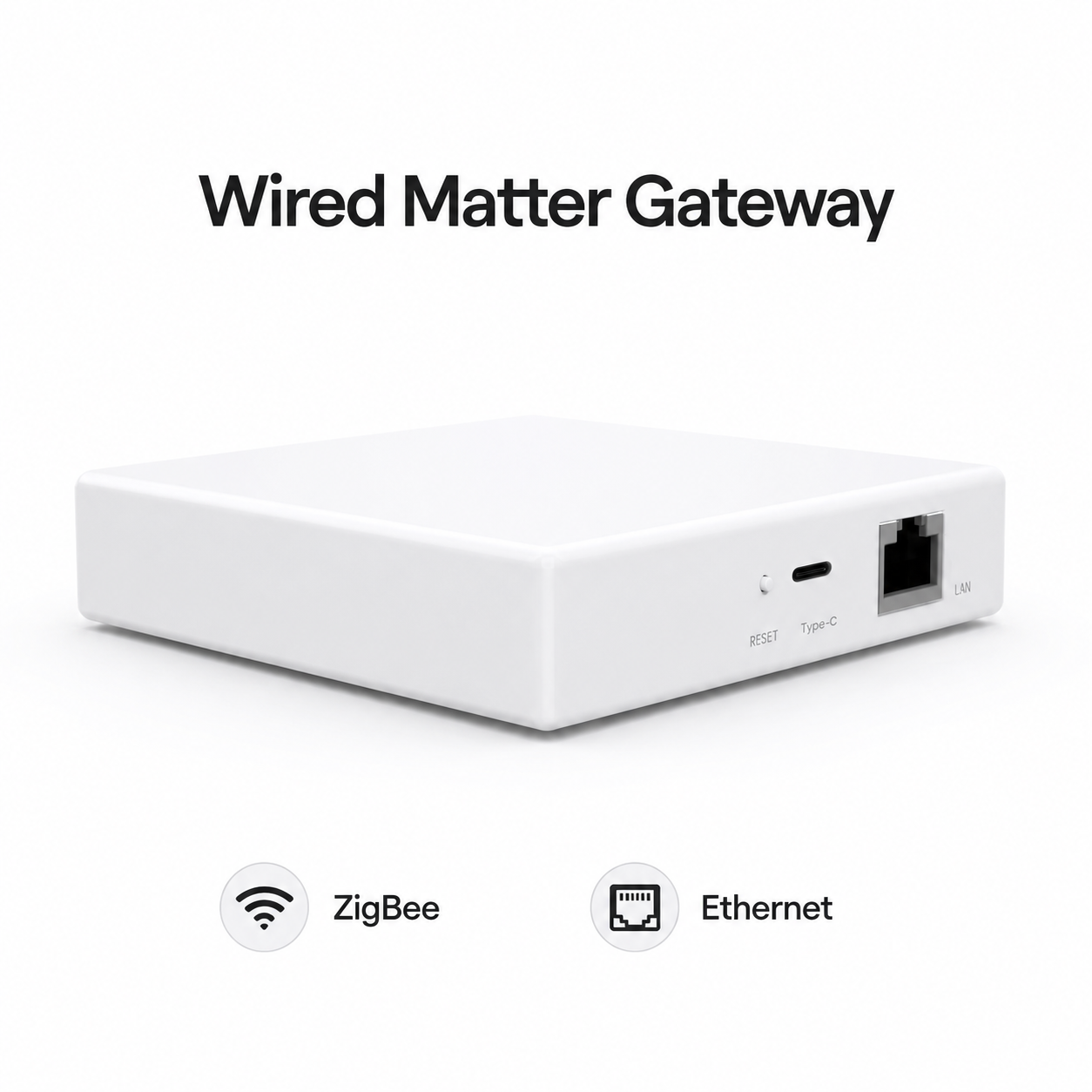 Passerelle filaire blanche Matter et ZigBee avec port Ethernet.