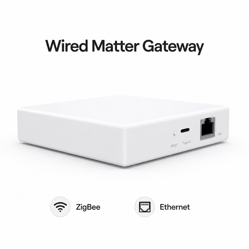 Passerelle filaire blanche Matter et ZigBee avec port Ethernet.