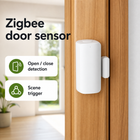 Studio lifestyle image of Zigbee door and window contact sensor on wooden frame
