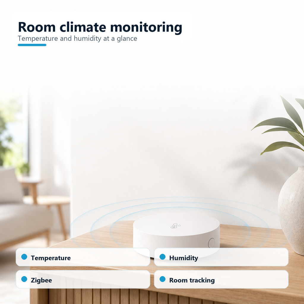 Clean product image showing room climate monitoring with Zigbee temperature and humidity sensor