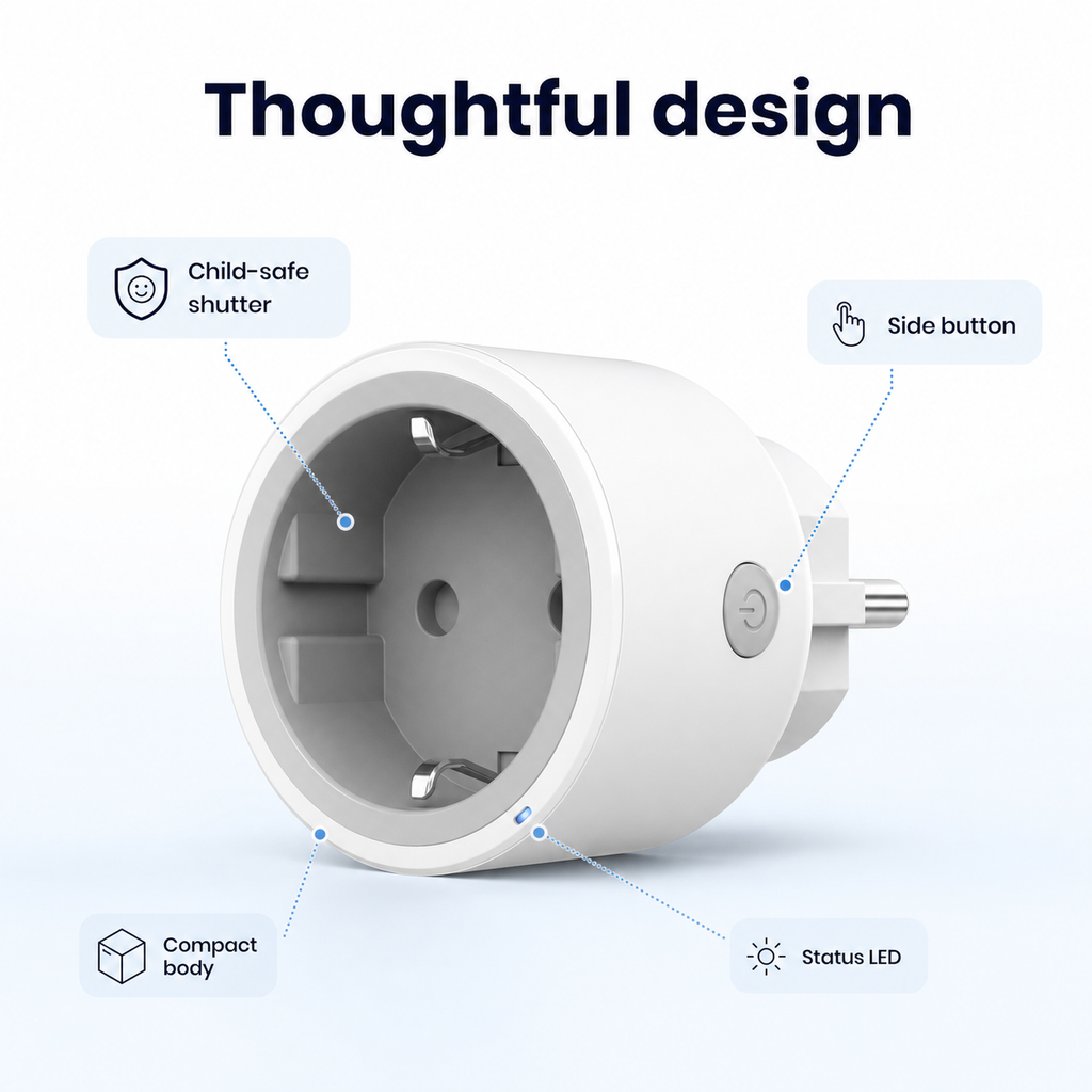 Feature diagram of Type F Wi-Fi smart plug with side button and compact body