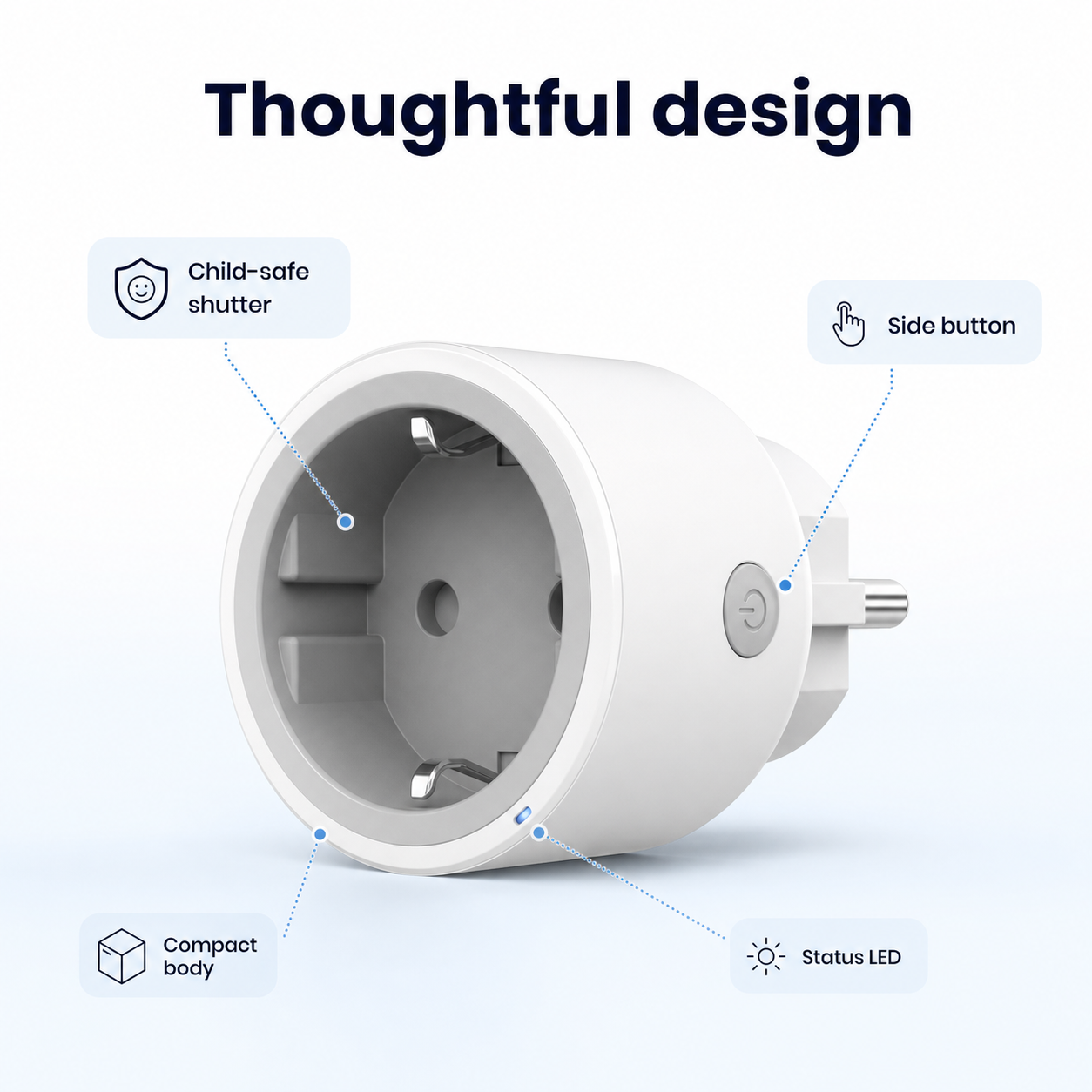 Feature diagram of Type F Wi-Fi smart plug with side button and compact body