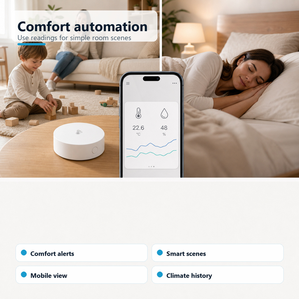 Modern home scenes showing comfort automation with a Zigbee climate sensor