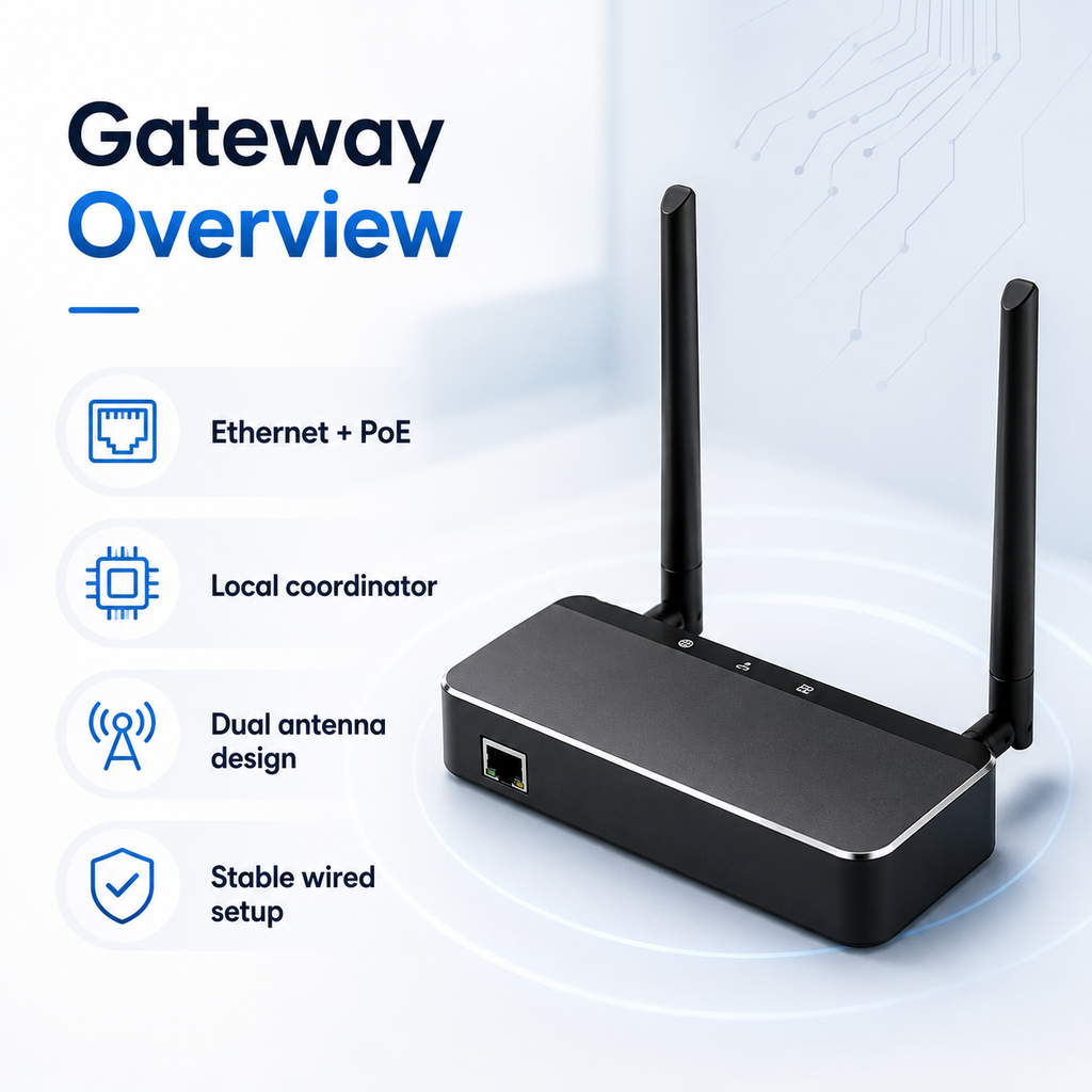 Clean gateway overview showing Ethernet PoE and dual antenna design