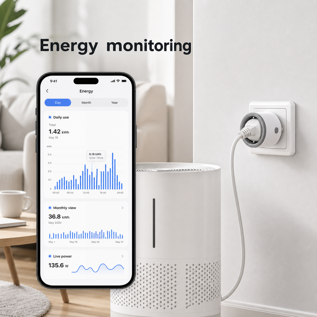 Wi-Fi smart plug energy monitoring dashboard shown on a generic mobile app