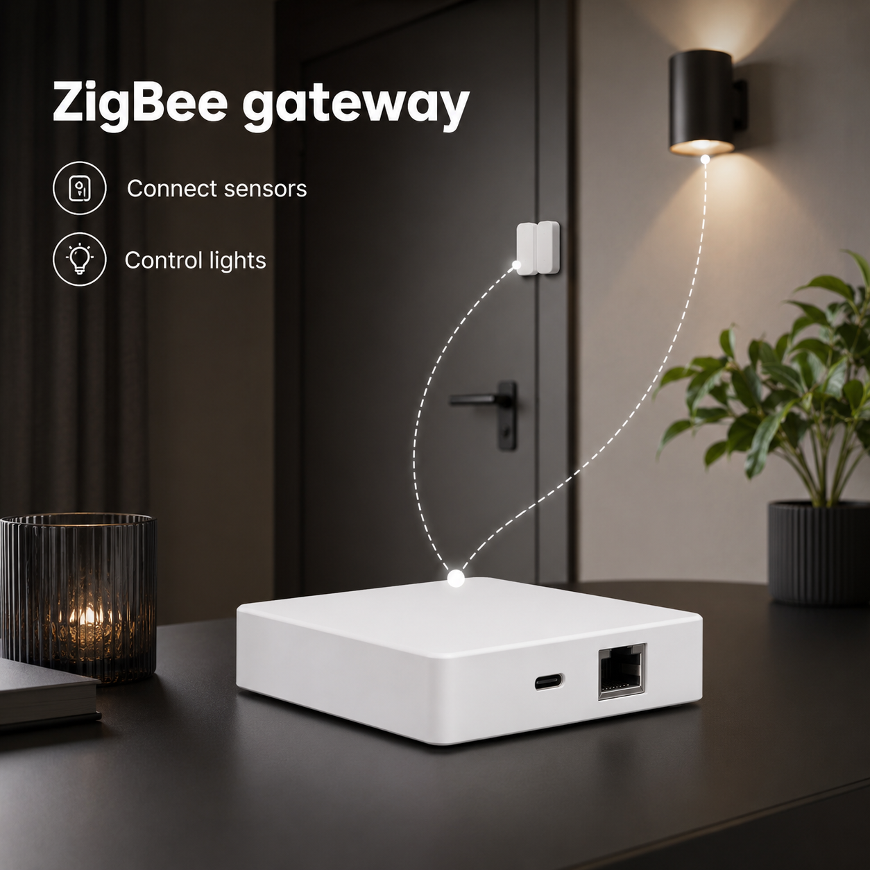 Passerelle ZigBee reliant éclairage et capteurs dans une pièce.