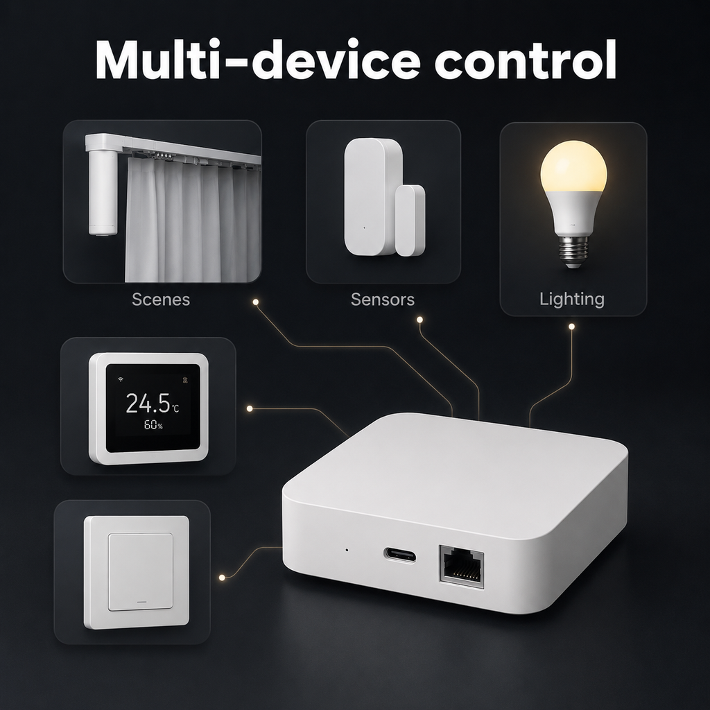Contrôle multi-appareils avec passerelle filaire Matter et ZigBee.