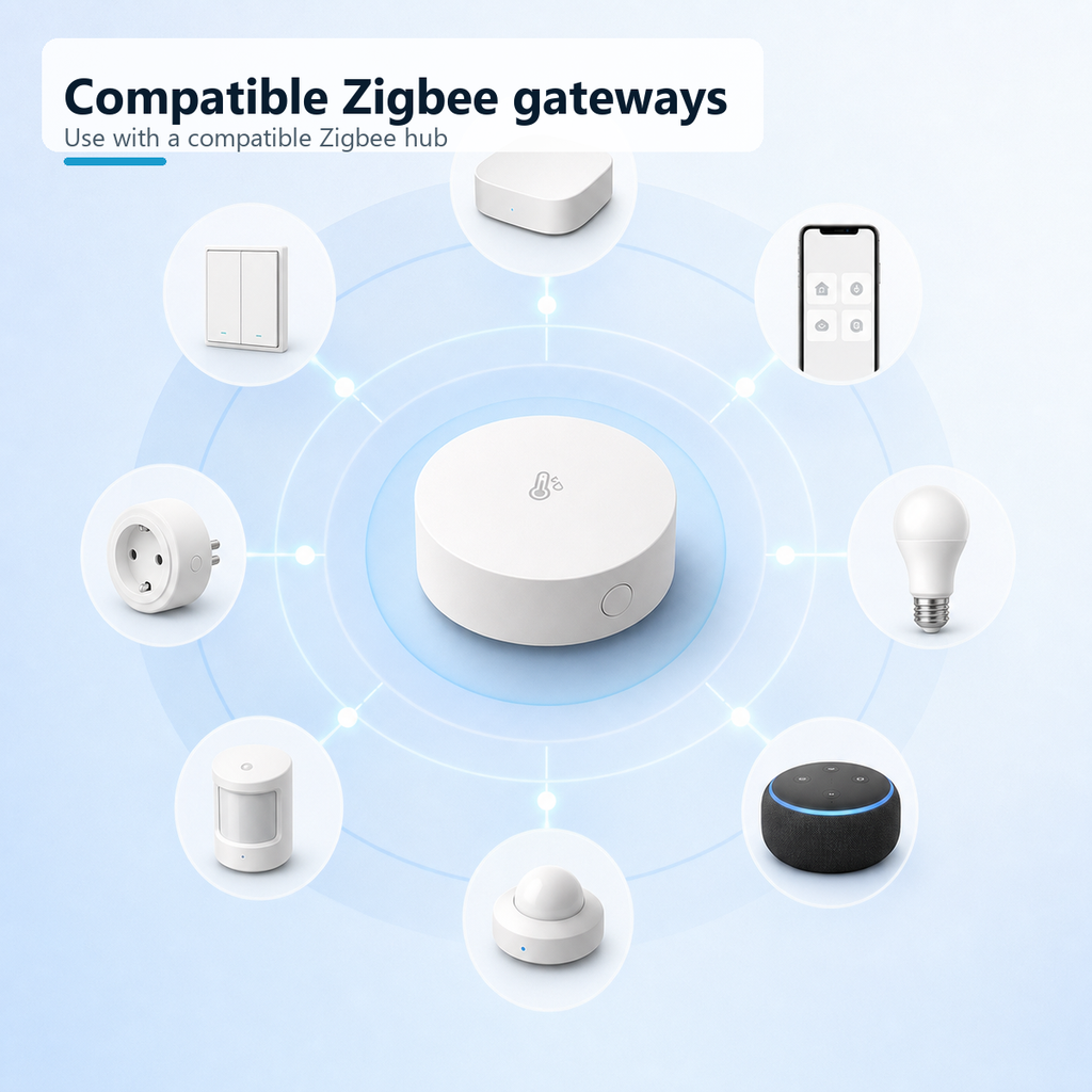 Zigbee climate sensor shown with generic compatible smart home gateway icons