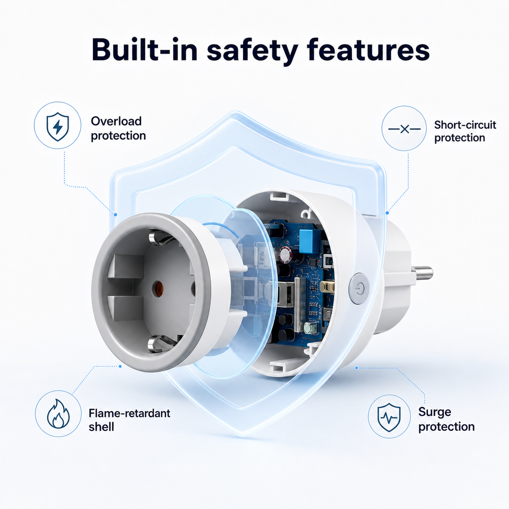 Safety feature diagram for white Type F Wi-Fi smart plug