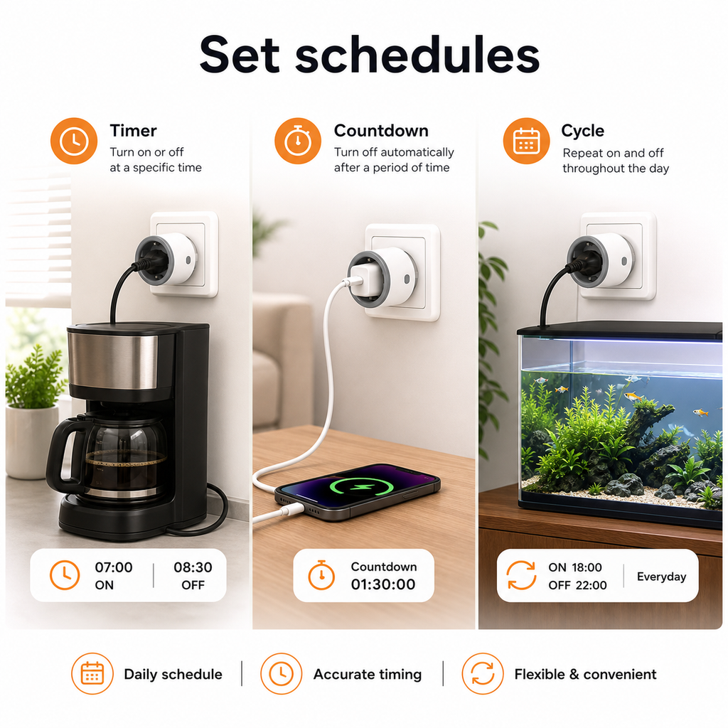 Wi-Fi smart plug scheduling routines for coffee maker charger and aquarium light