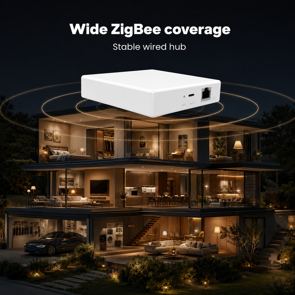 Couverture réseau ZigBee dans une maison avec passerelle filaire.
