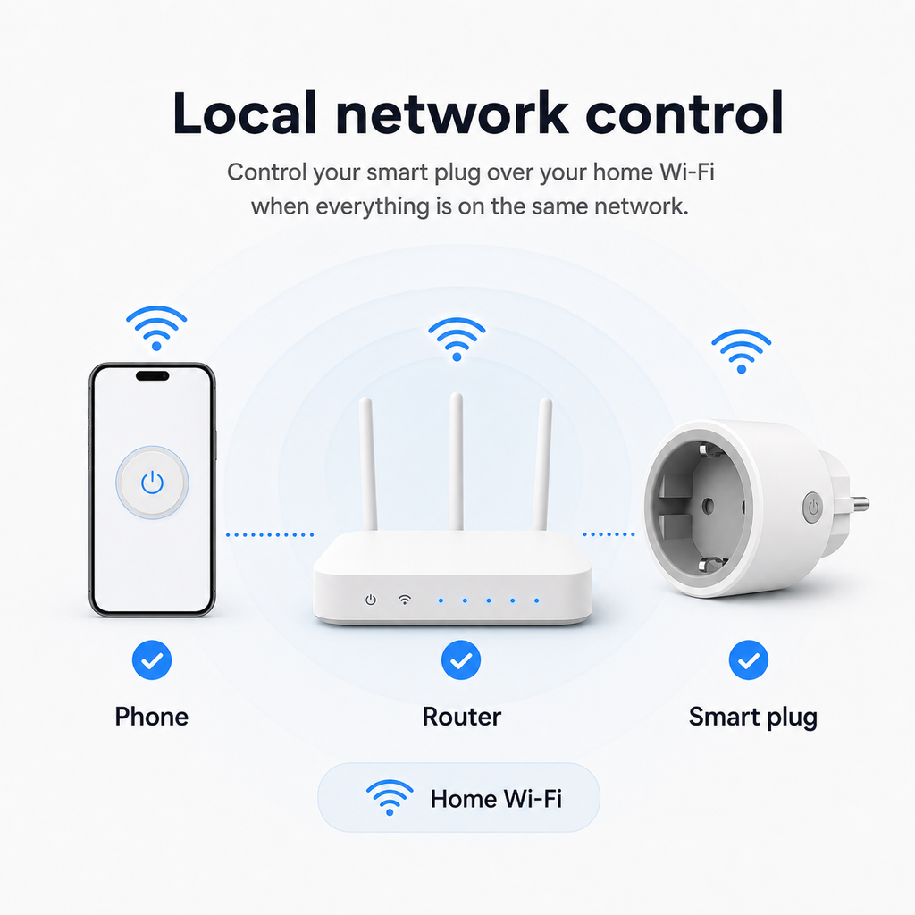 Local network control diagram for Wi-Fi smart plug phone and router