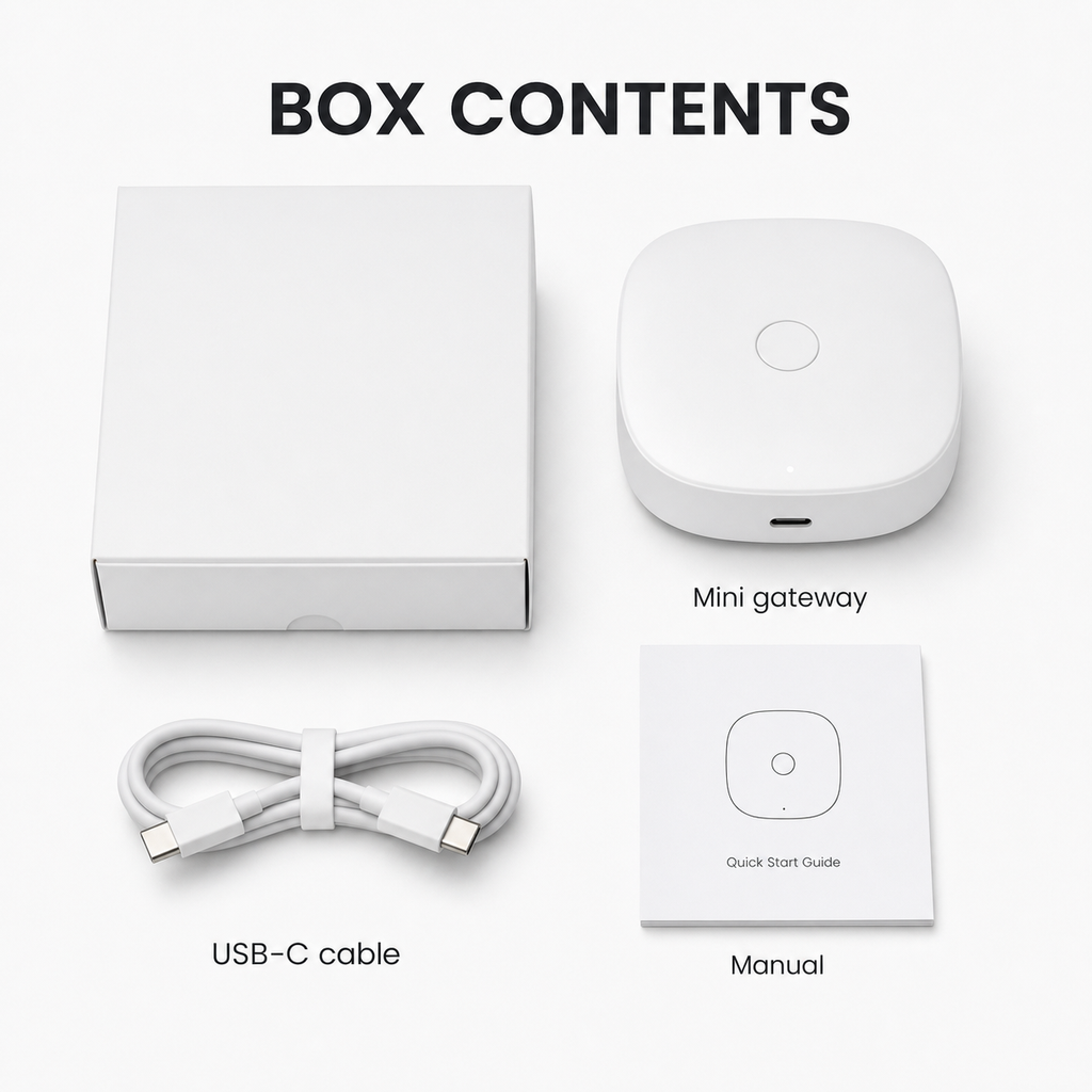 Contenu de boîte avec passerelle mini et câble USB-C.