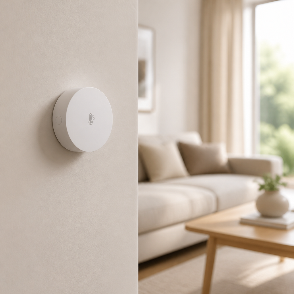 Discreet round Zigbee climate sensor mounted in a modern living room