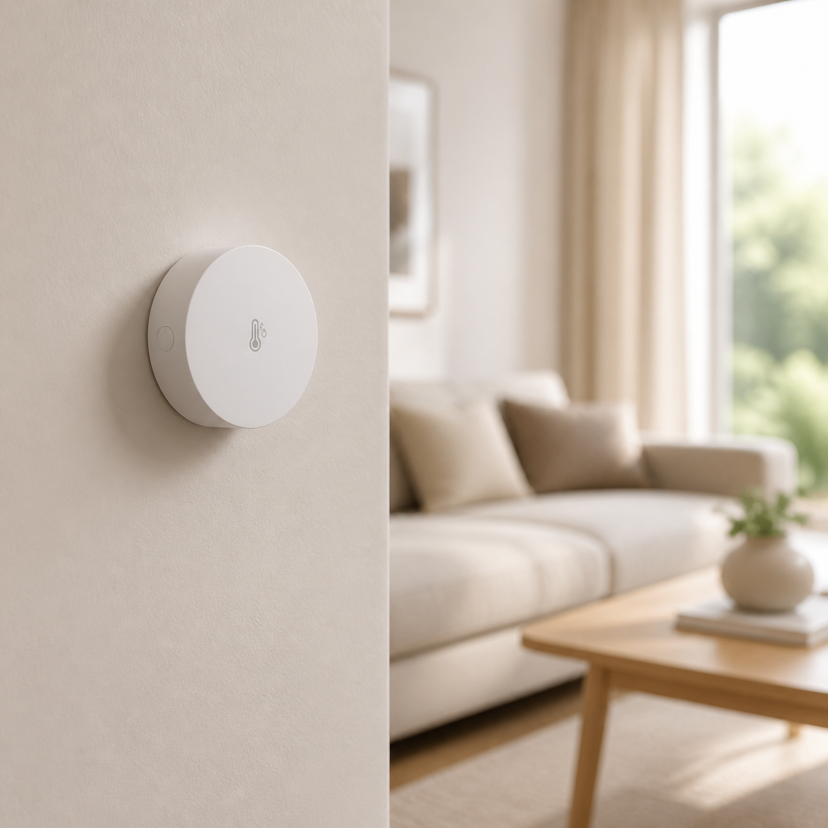 Discreet round Zigbee climate sensor mounted in a modern living room