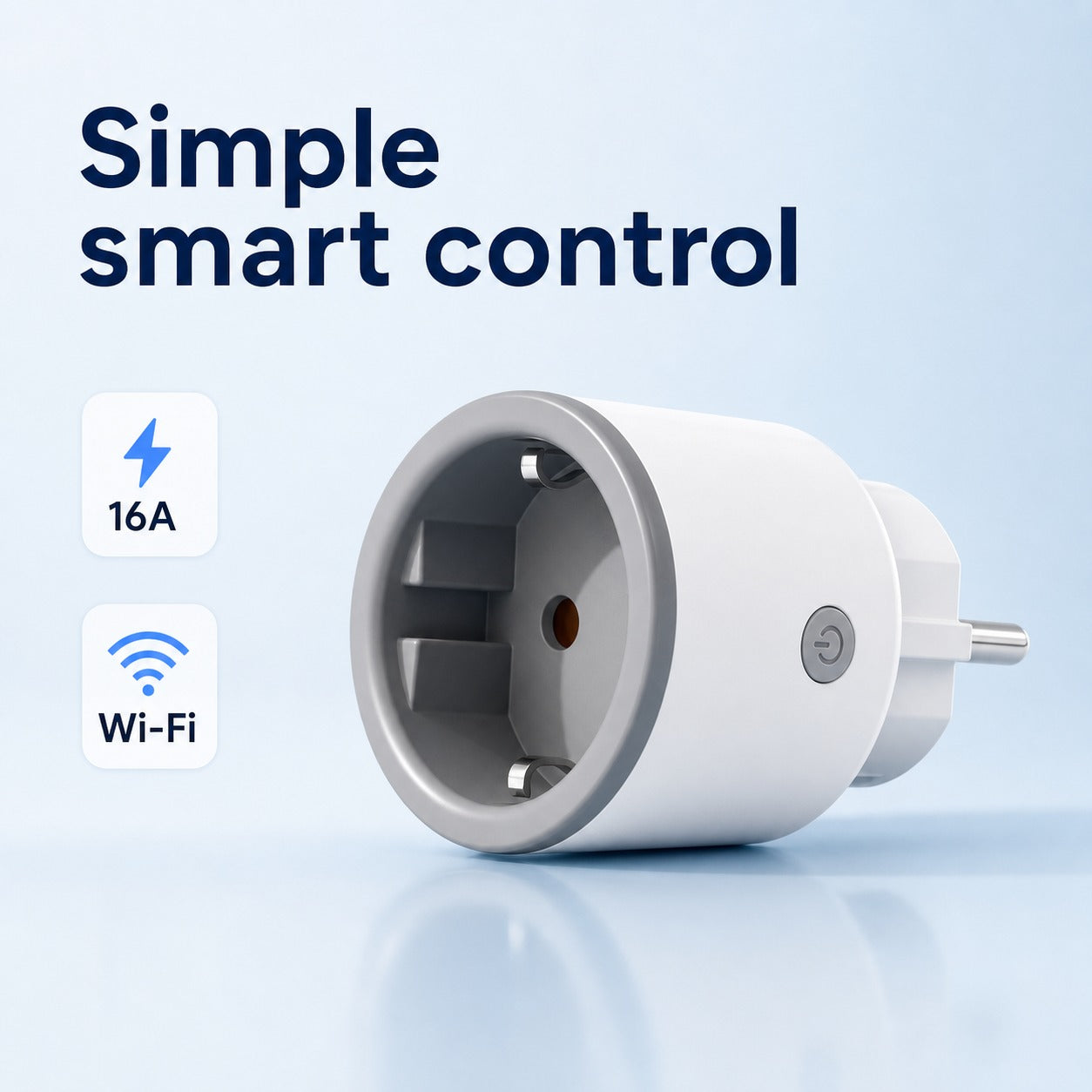 White Type F Wi-Fi smart plug with 16A and Wi-Fi feature labels