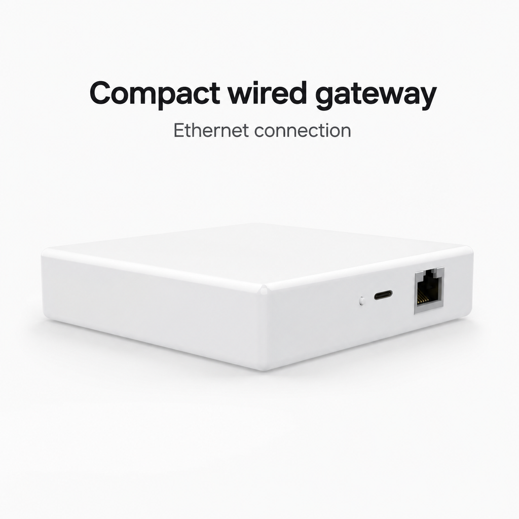 Packshot premium de la passerelle filaire blanche Matter ZigBee.