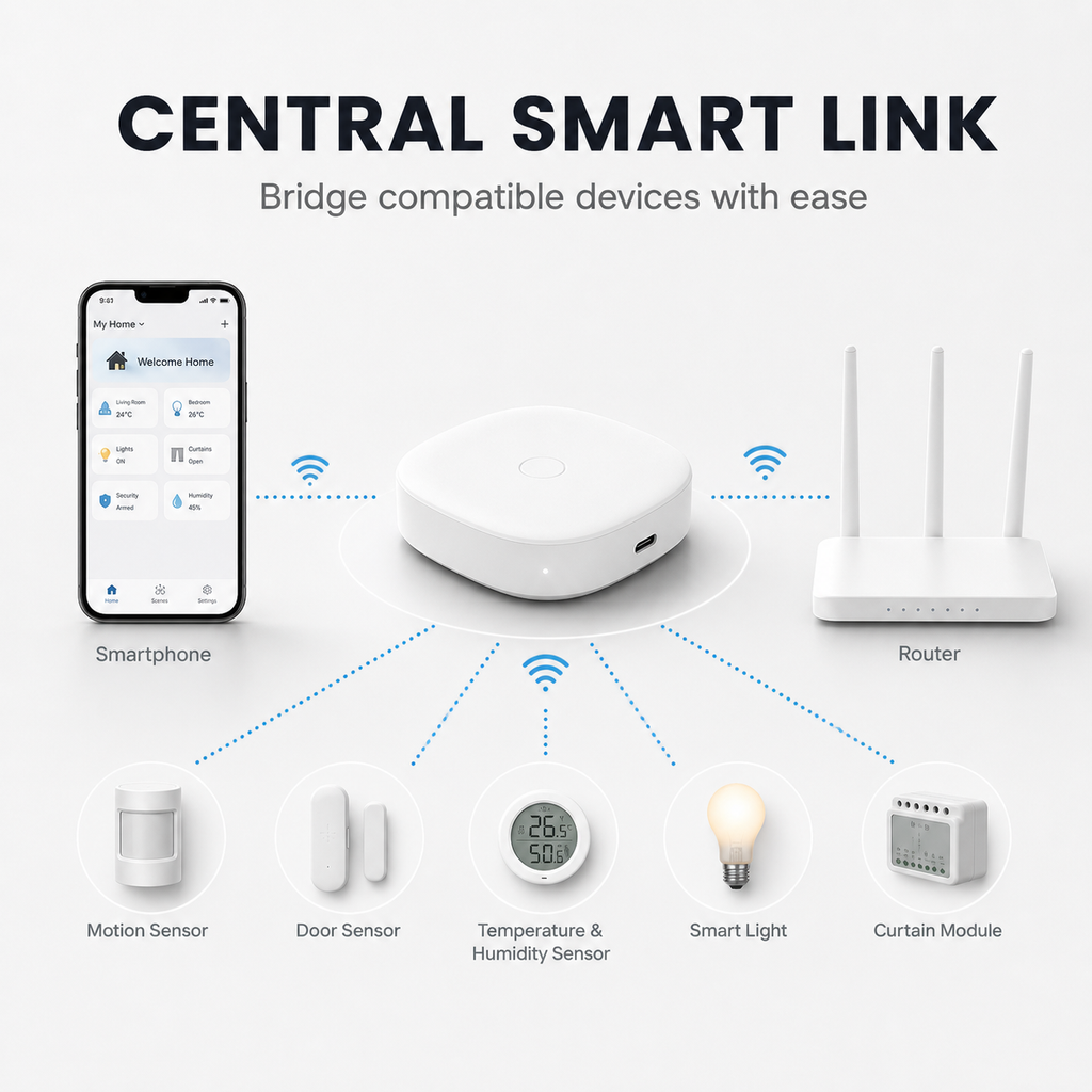 Passerelle mini reliant routeur smartphone et appareils domotiques.