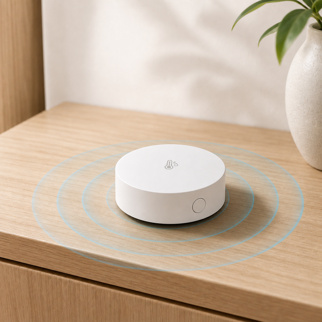 Close detail of compact round Zigbee temperature humidity sensor on a wood surface