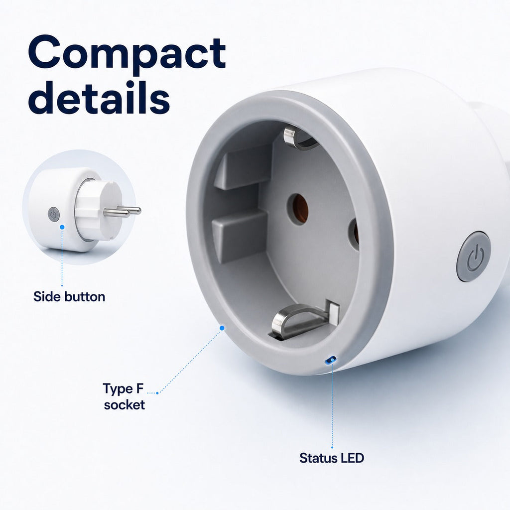 Close-up details of compact Type F Wi-Fi smart plug with side button and status LED