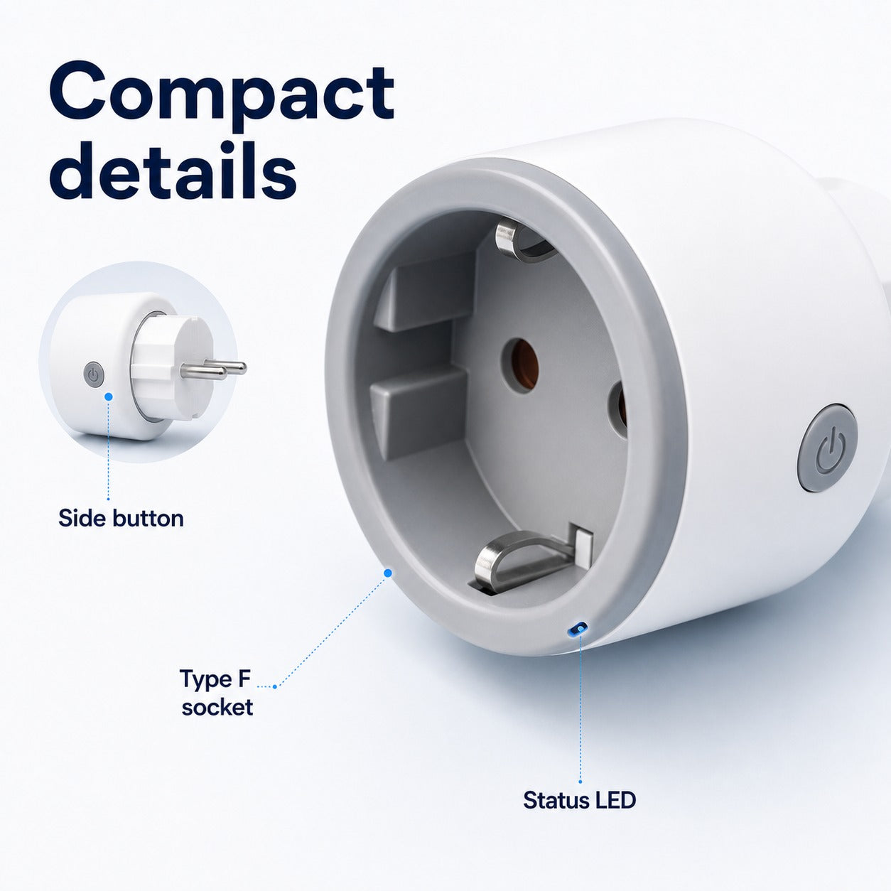Close-up details of compact Type F Wi-Fi smart plug with side button and status LED