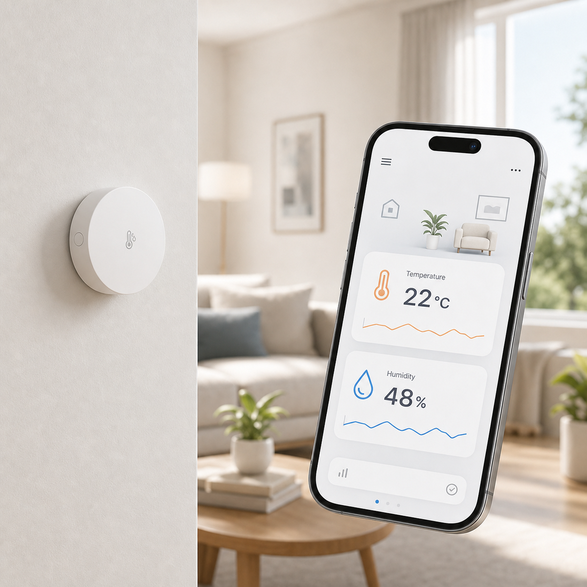 Smartphone dashboard showing real time temperature and humidity readings from Zigbee sensor