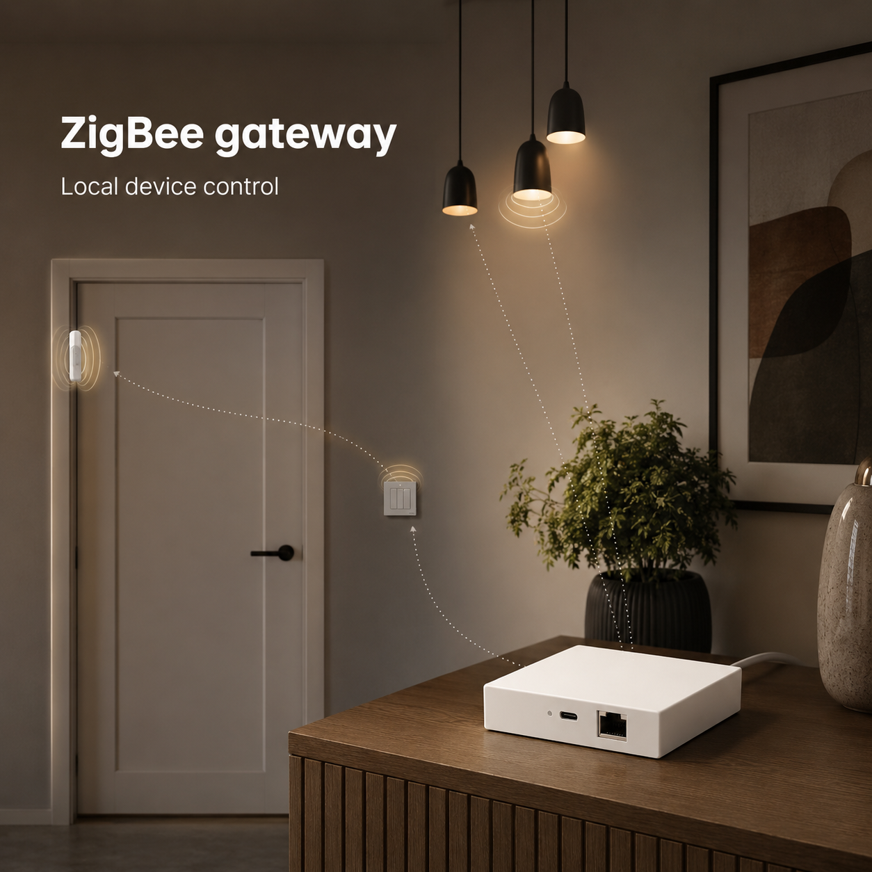 Passerelle ZigBee dans une pièce moderne avec éclairage connecté.