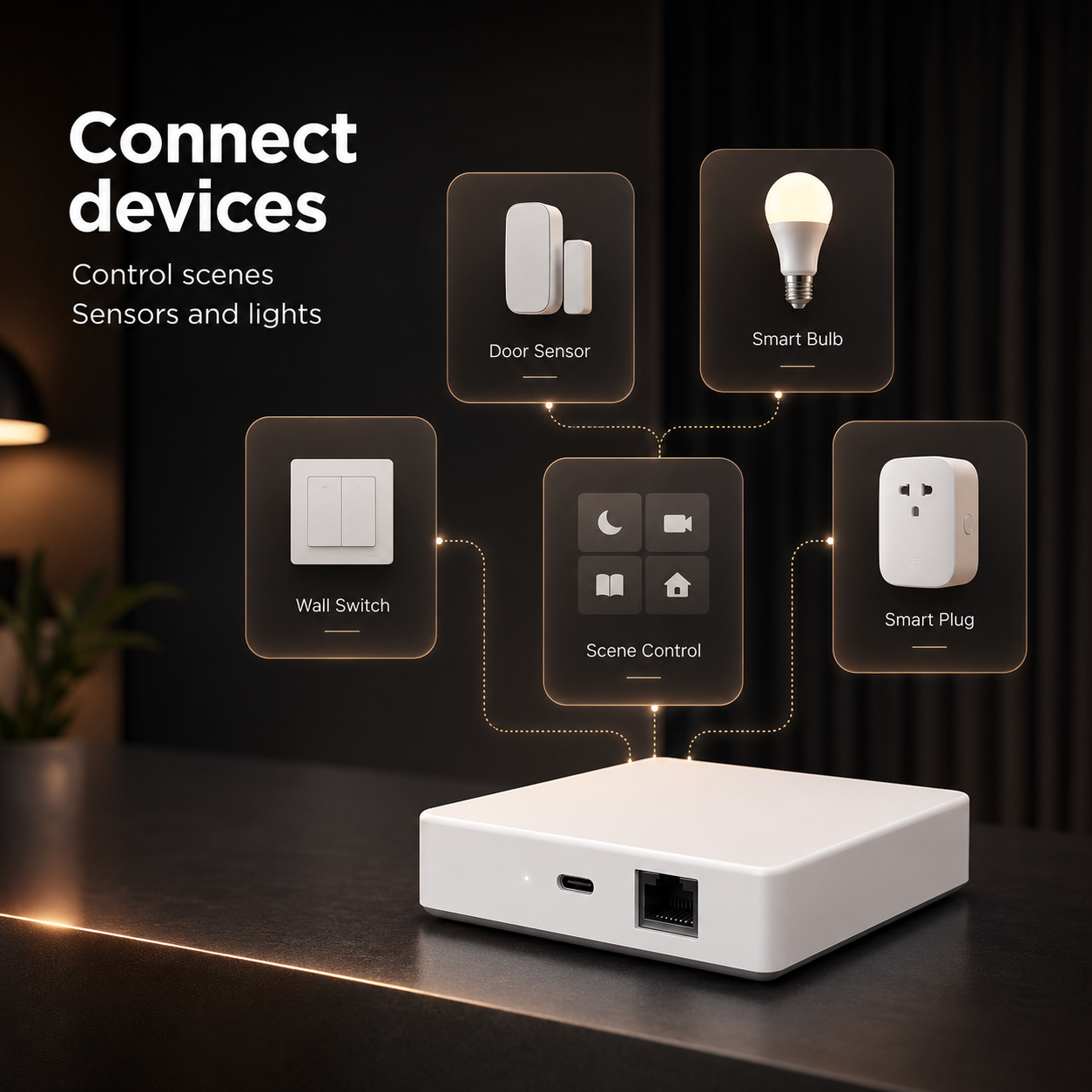 Appareils domotiques génériques pilotés par passerelle Matter ZigBee.