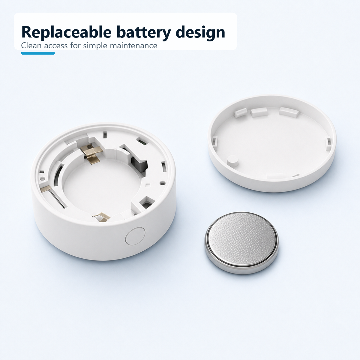 Open compact climate sensor showing replaceable coin cell battery design