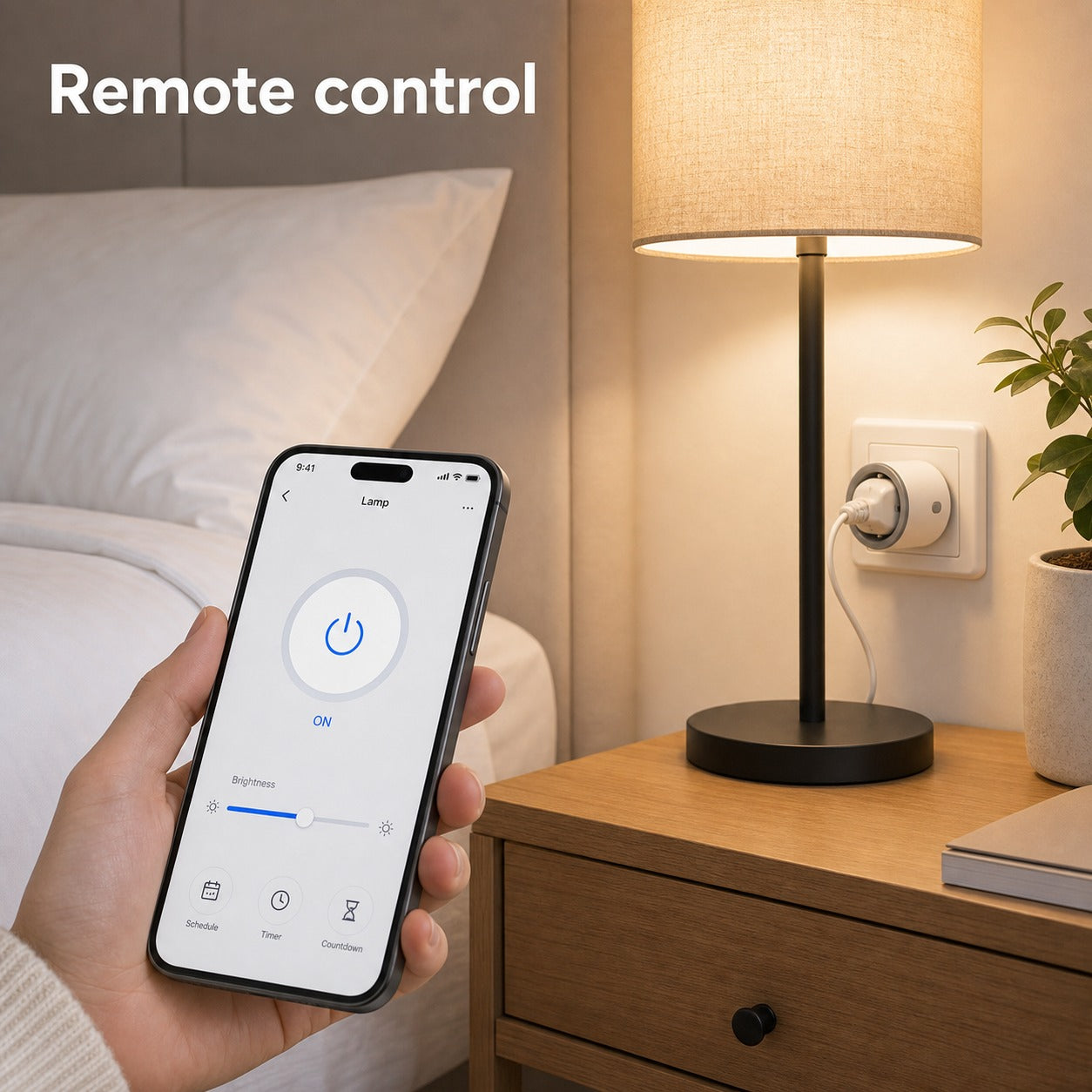 Remote control of bedside lamp using Type F Wi-Fi smart plug and mobile app