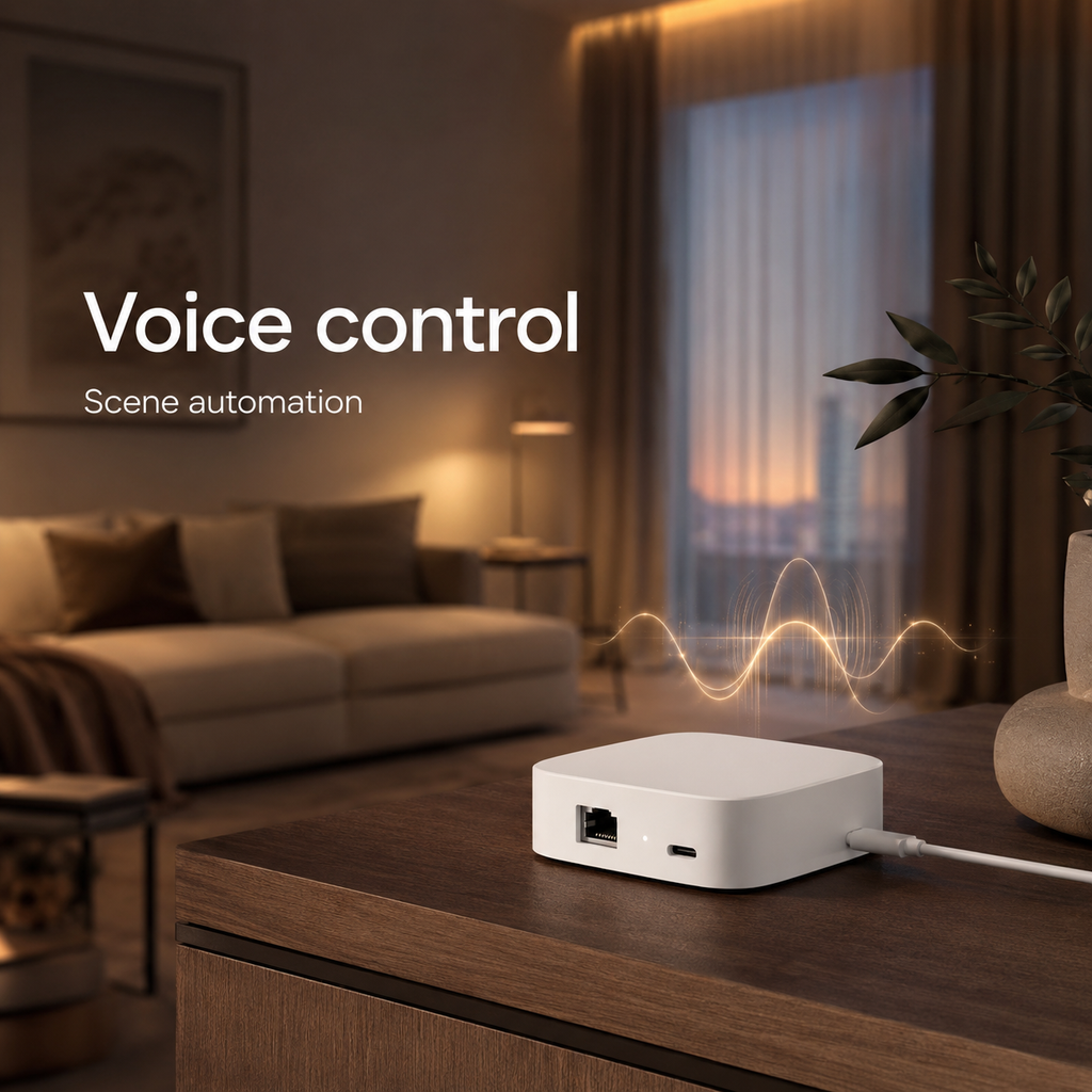 Commande vocale sans logo de plateforme pour maison connectée.