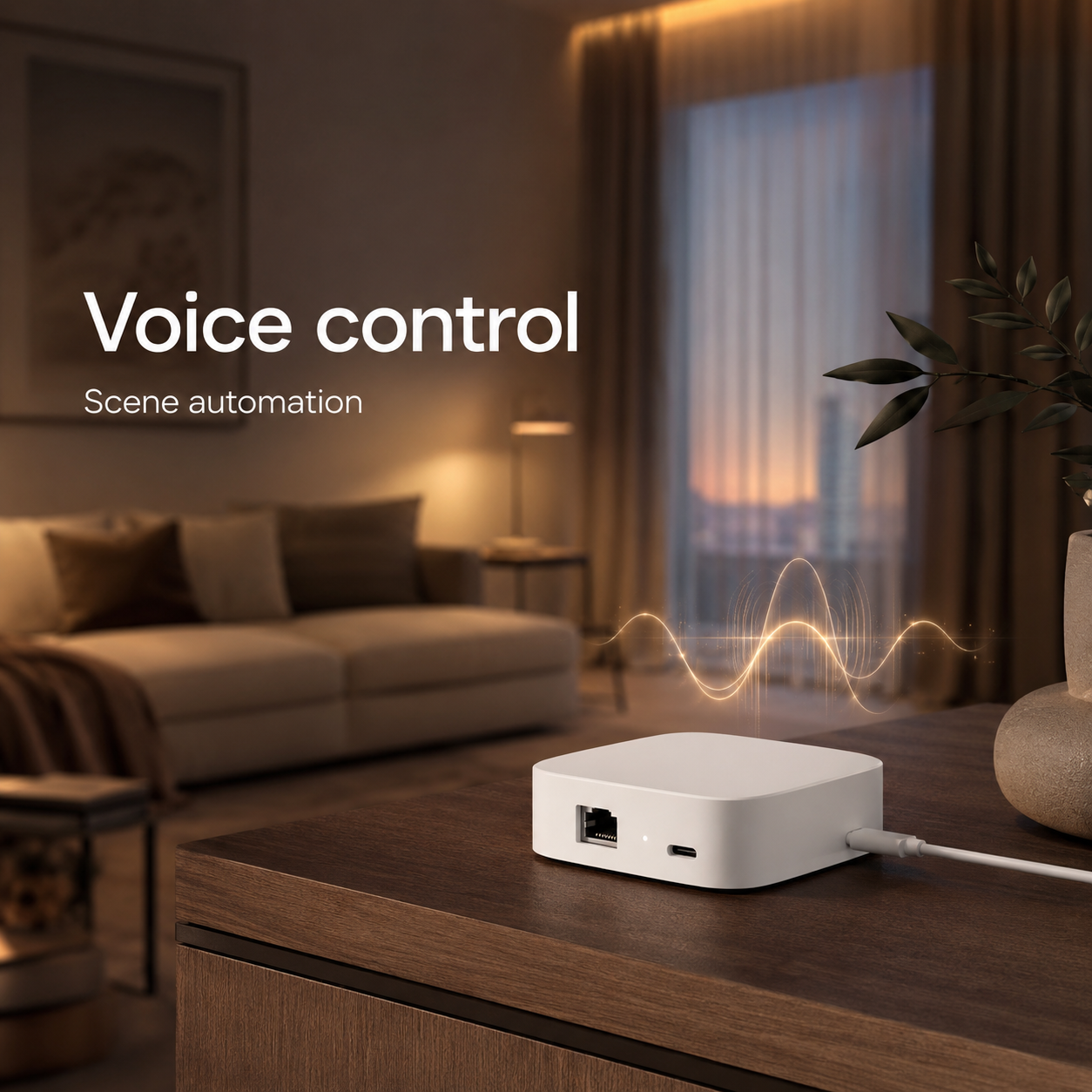 Commande vocale sans logo de plateforme pour maison connectée.