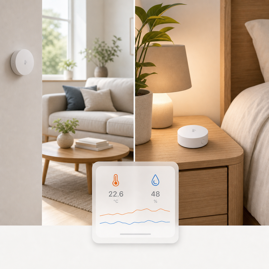 Modern bedroom and living room comfort scenes with compact Zigbee climate sensor