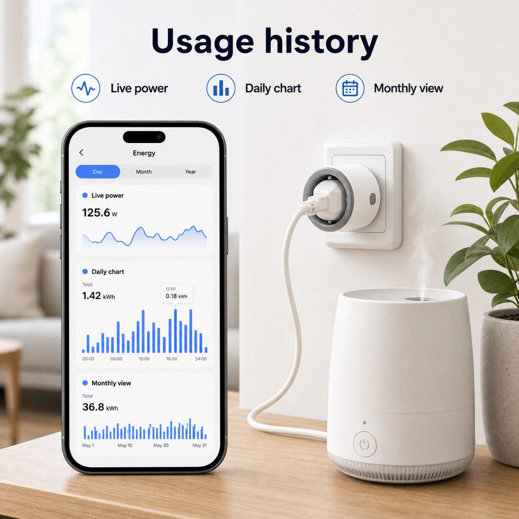 Usage history dashboard for Wi-Fi smart plug with live power and daily chart