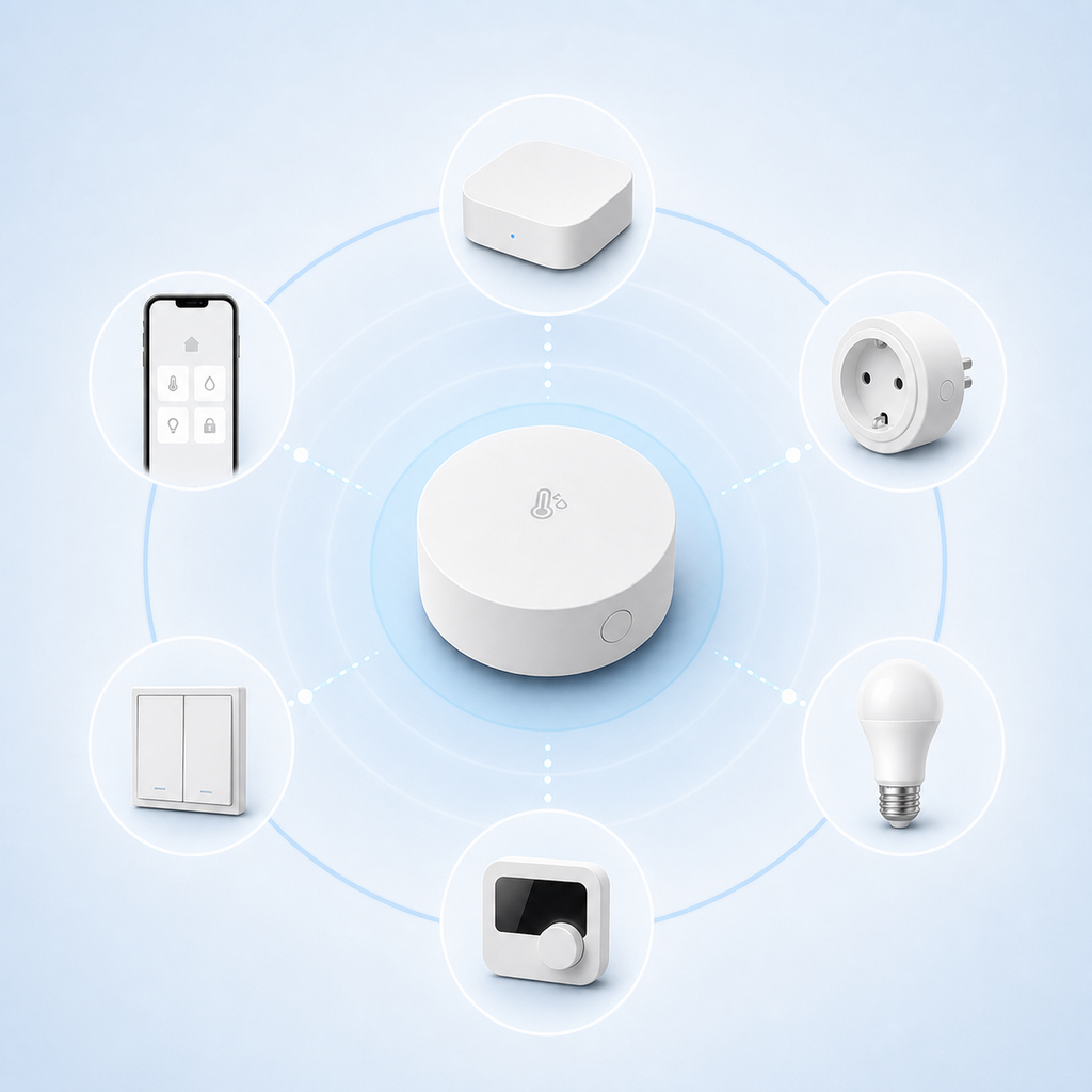 Round Zigbee climate sensor connected to generic smart home device icons