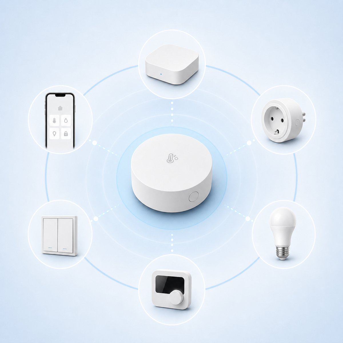 Round Zigbee climate sensor connected to generic smart home device icons