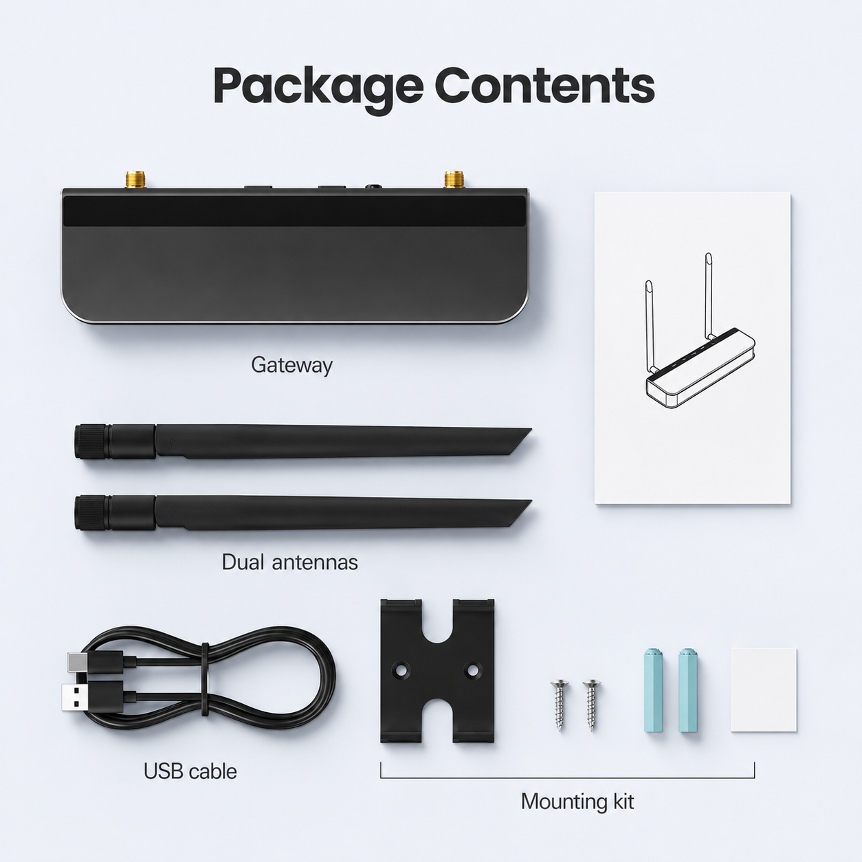 Package contents for PoE Zigbee gateway with antennas cable and mounting kit