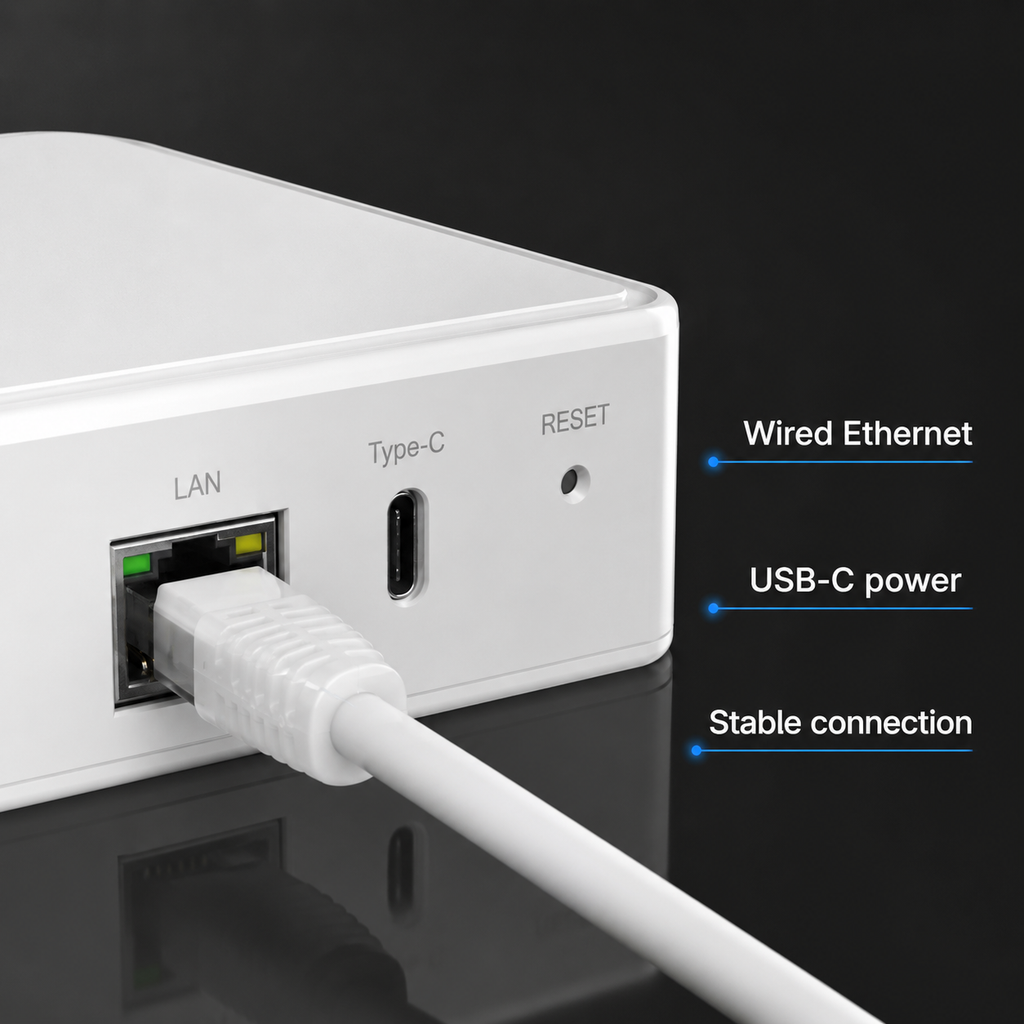 Gros plan sur ports Ethernet et USB-C de la passerelle filaire.