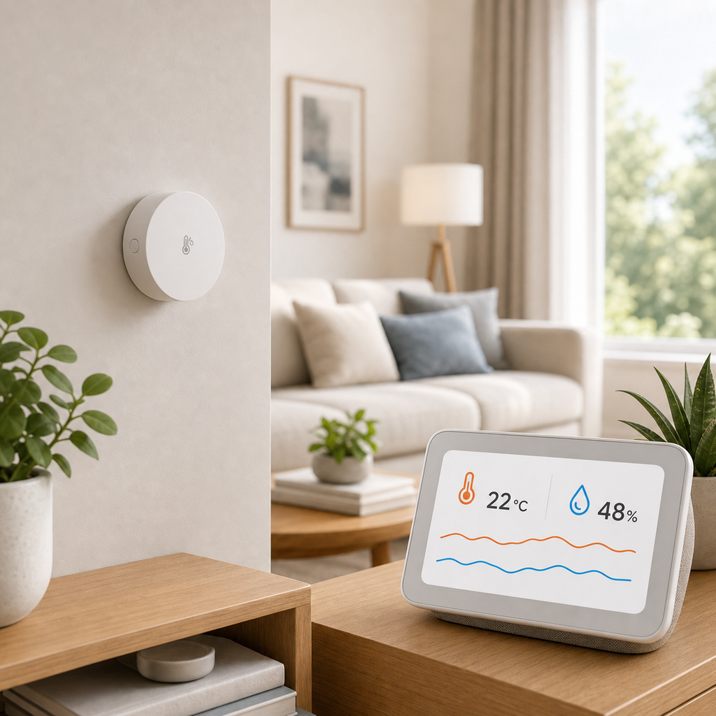 Generic smart display climate card with compact temperature and humidity sensor in a modern room