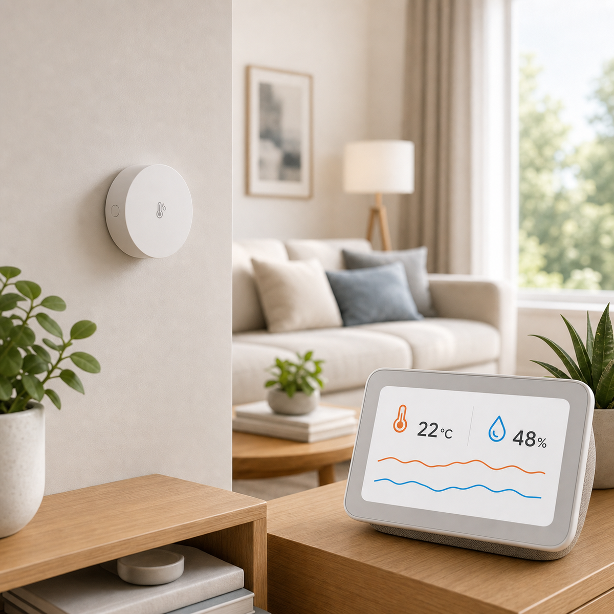 Generic smart display climate card with compact temperature and humidity sensor in a modern room