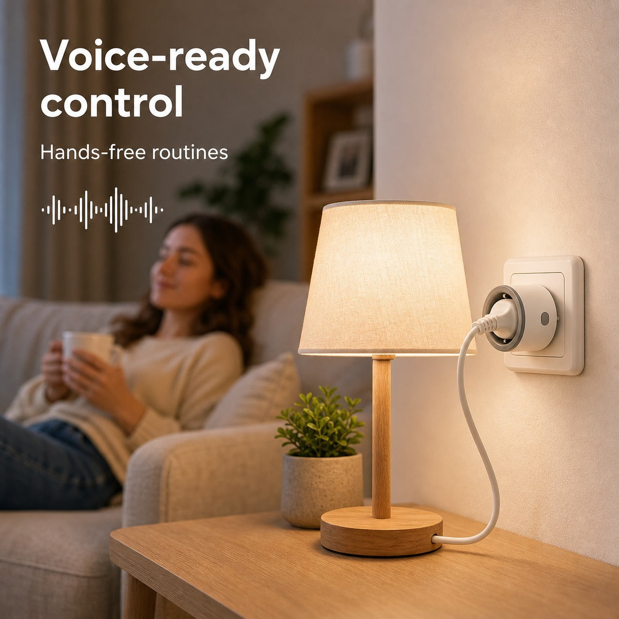 Voice-ready control lifestyle image for lamp connected to Type F Wi-Fi smart plug