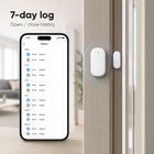 Seven day open and close history shown on a smartphone beside a door sensor